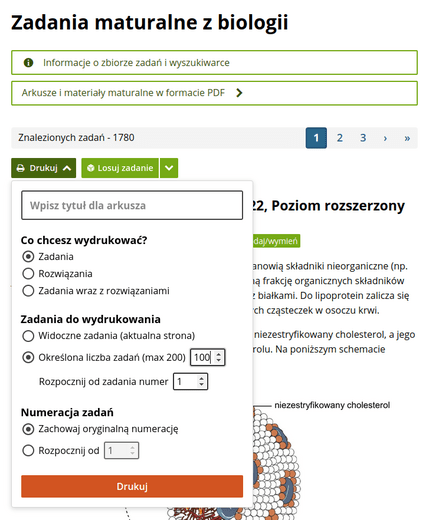 Panel opcji przed wydrukiem dla użytkownika BiologHelp+