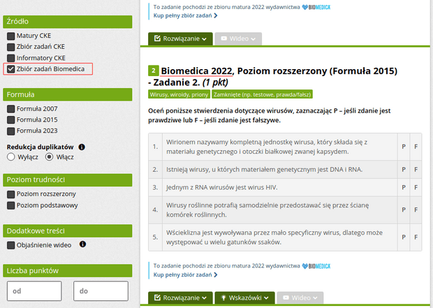 Wyszukiwanie zadań ze zbioru Biomedica w bazie zadań maturalnych