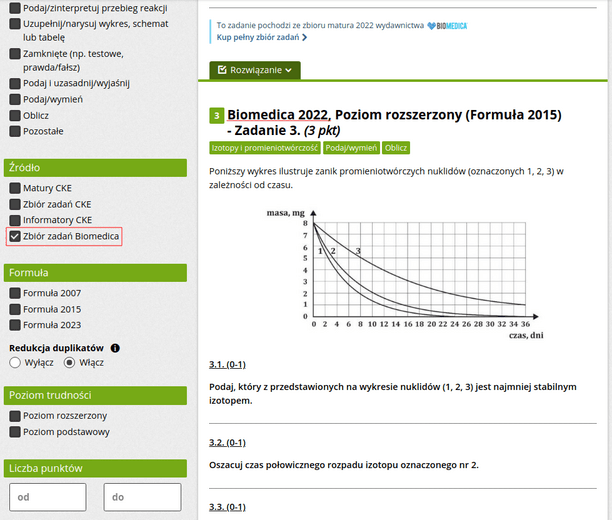 Wyszukiwanie zadań ze zbioru Biomedica w bazie zadań maturalnych