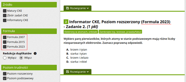 Nowy podział na formuły w wyszukiwarce zadań maturalnych