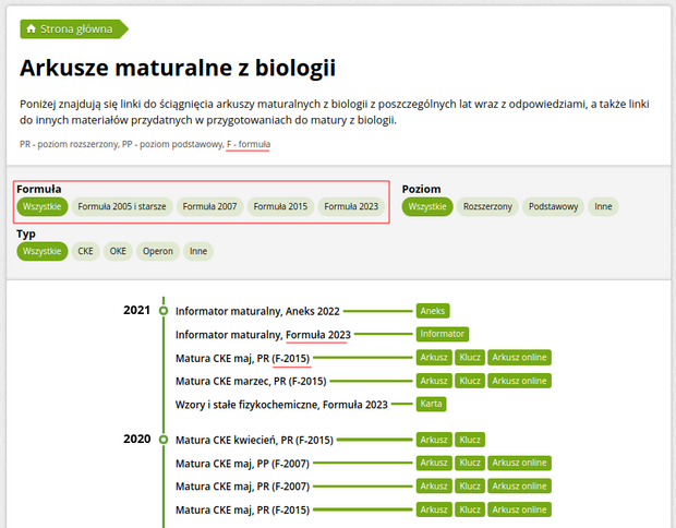 Nowy podział na formuły w bazie arkuszy maturalnych PDF