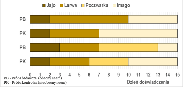 Ryc. 4 Wpływ neem na długość poszczególnych stadiów rozwojowych mszycy grochowej i wywilżny karłowatej.