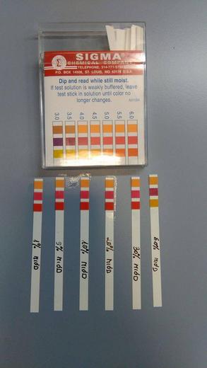 Ryc. 4. Badanie odczynu roztworów miodu przy użyciu papierków wskaźnikowych (Sigma) Kolory papierków wskaźnikowych w różnych stężeniach miodu.