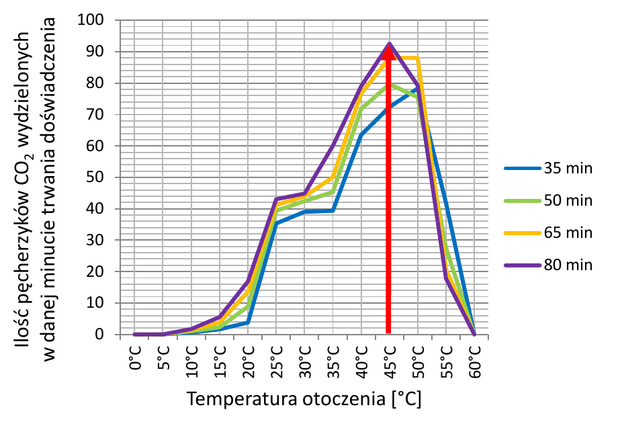 Wpływ temperatury otoczenia [℃] na intensywność procesu fermentacji alkoholowej przeprowadzanej przez Saccharomyces cerevisiae
