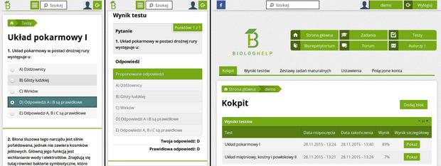 Strona testu i rozwiązania na smartfonie, tabela z wynikami na tablecie