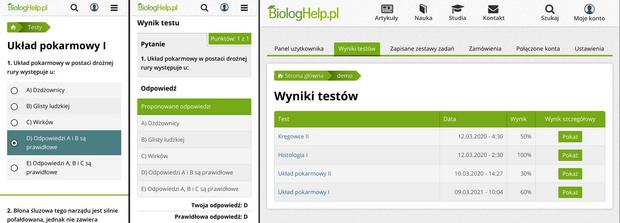Strona testu i rozwiązania na smartfonie, tabela z wynikami na tablecie
